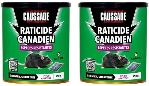 Caussade Raticide Canadien - Anti Rats - Efficacité Radicale - Lieux Secs - 12 Sachets Céréales - Prêt à l'emploi - Une Ingestion Suffit - Fabriqué en France - 2x150g CARBF150X2