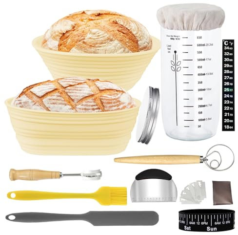 Hniuyun Kit de démarrage au levain pour débutants, pot de 650 ml, 2 paniers en silicone, thermomètre, racloir, suivi, fournitures complètes de cuisson du pain, facile à nettoyer