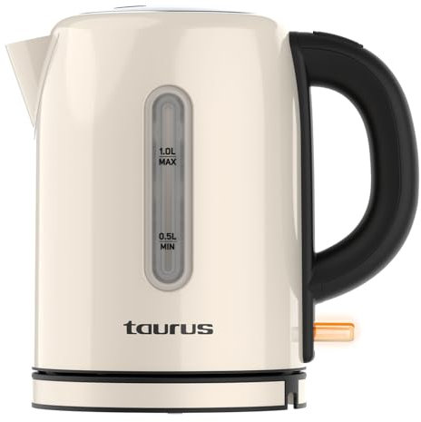 Taurus - Bouilloire électrique vintage 2400W | 1L | Base 360° | Arrêt automatique | LED | Acier inox | Poignée ergonomique | Indicateur d'eau | Crème rétro chic | Electroménager