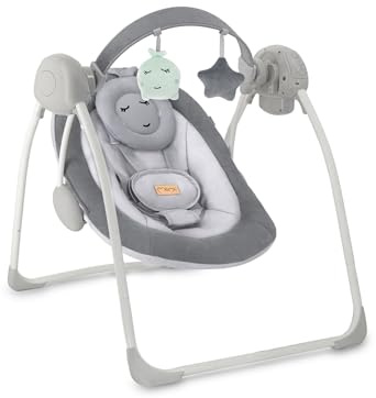 MoMi Babywippe LISS für Babys bis 9 kg, faltbar, Batterie- oder Netzbetrieb, Netzteil mit USB-Kabel, 5-Punkt-Sicherheitsgurt, Bügel und Spielzeug, 6 Melodien, Timer, 5 Schaukelgeschwindigkeit
