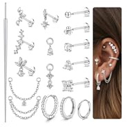 ORAZIO Silver Plated Threadless Flat Back Earrings Push in Nose Rings Studs