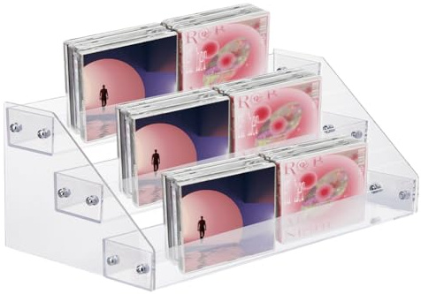 DICOSMETIC 3-Tier Plastic Nail Polish Organizer Holder Clear CD Display Rack Vinyl Record Storage Stand Business Card Holder Sticker Display Stand Nail Polish Shelf for Desk Home Retail Counter