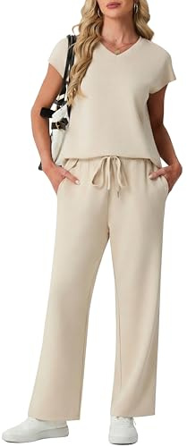 GRECERELLE Survêtement d'été pour femme, ensemble complet à manches courtes, vêtements de salon pour femme, tenues deux pièces, décontracté, col rond, haut pour femme et pantalon de sport de salle de