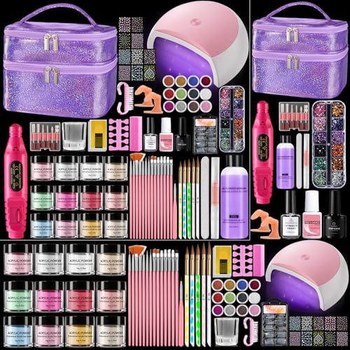 Yokilly Kit unghie acrilico per principianti con tutto in sacchetto viola | Kit di avviamento in polvere acrilica in 12 colori con trapano, lampada UV, monomero liquido, pennelli e adesivi per donne