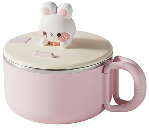 Bemonew Instant Ramen-skål ramen-skål med lock 1 200 ml/4,2 dl stor kanin söt med handtag och telefonhållare rostfritt stålfoder för soppa och nudlar