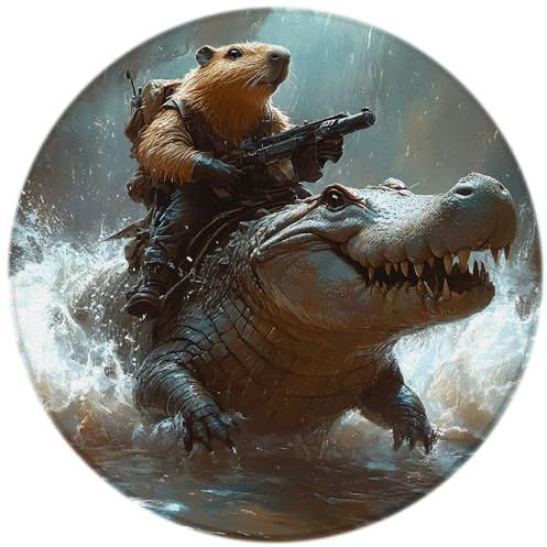 Funny Capybara Round Area Rug 2ft Cool Rodent Animals Riding Crocodile Sea Wave Ocean Wild Animal Wildlife Circle Rug Mat Carpet Decor Floor Mat for Bedroom Living Room Bathroom Dorm