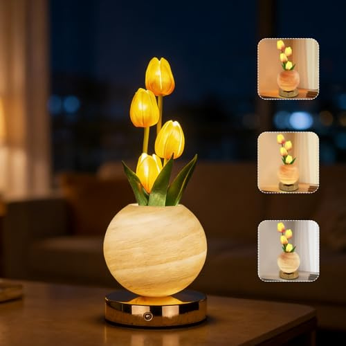 AVEKI Lampada da tavolo a forma di tulipano, 3 colori, dimmerabile al tocco, vaso in cristallo, lampada da comodino, ricaricabile, senza fili, tulipani artificiali, lampada da scrivania, decorazione