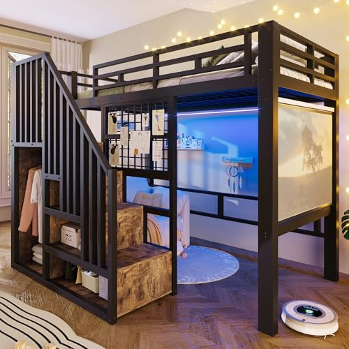Wyibwy Cama alta de 90 x 200 cm con escalera de almacenamiento, cama de hierro con barandilla, cama alta para niños con luz LED, con proyector, sin colchón, color negro
