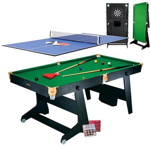 Riley 4-in-1 6ft Folding Snooker & Pool Games Table - with Table Tennis & Soft Tip Dart Board - Vertical Leg Folding System + Cues & Balls