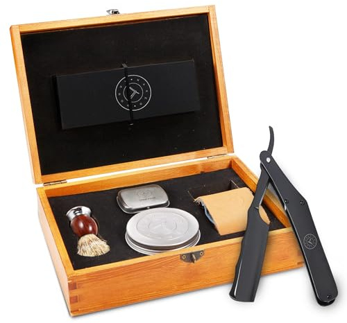 Complete Straight Razor Kit - Straight Razor Shaving Kit for Men with Titanium Black Japanese Stainless Steel Blade, Leather Strop, Shave Soap, Shaving Brush, Strop Paste, Leather Case, Gift Box