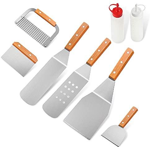 Home Safety Grillbesteck Set - 8-TLG Grillspachtel Set Werkzeugset, Profi BBQ Zubehör Grillwender aus Edelstahl mit mit Quetschflaschen und Tragetasche für Grillen im Freien, Teppanyaki, Camping