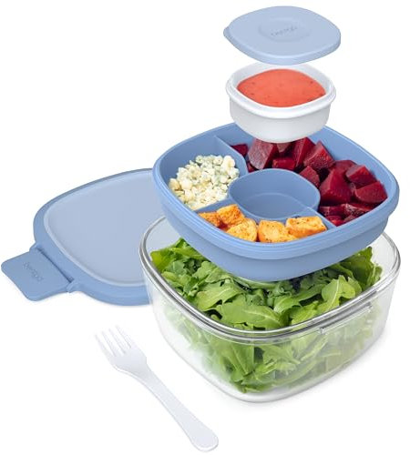 Bentgo Glass Salad Container with Airtight Lid & Leak-Proof Sauce Cup