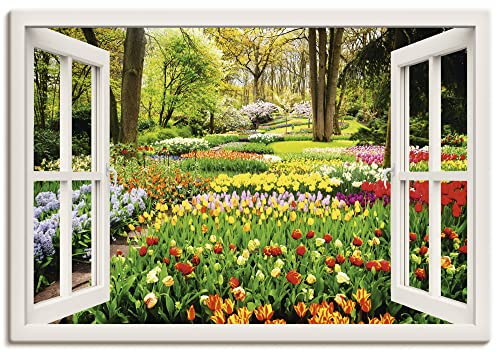 ARTLAND Wanddeko Leinwand Bilder Wandbild 100x70 cm + weitere Größen Keilrahmenbild Fensterblick Landschaftsbilder Tulpen Blumen U1OS