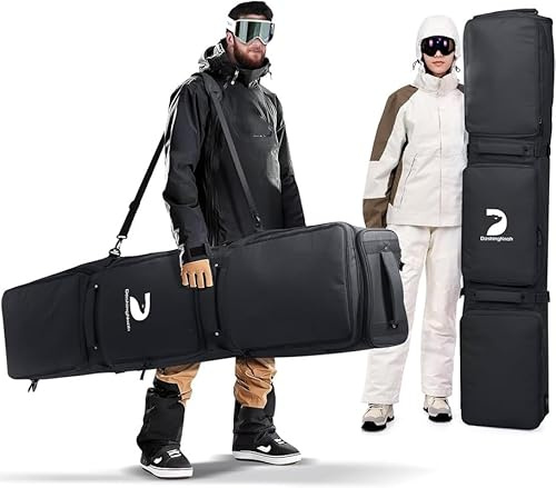 DASHINGNOAH Waterproof Ski Bag with Wheels, Double Rolling Snowboard Bag for Air Travel Extendable From 165CM-177CM, with 3 Padded Outside Compartment Storage Helmet, Boots, Goggles, Jackets