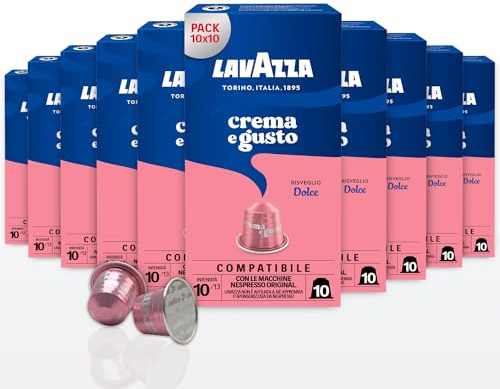 Lavazza Crema e Gusto Dolce, 100 Capsule di Caffè in Alluminio Compatibili con Macchine Nespresso Original, Note Aromatiche di Frutta Secca, Arabica e Robusta, Intensità 10, Tostatura Media, 10 Pack