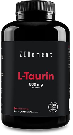 Taurin Kapseln, 1000mg pro Dosis reine Aminosäure L Taurin | 180 Kapseln für 3 Monat | Sport, Fitness & Pre Workout | Aminosäure Acid L-Taurine | Vegan & Geprüfte Zutaten | Zenement