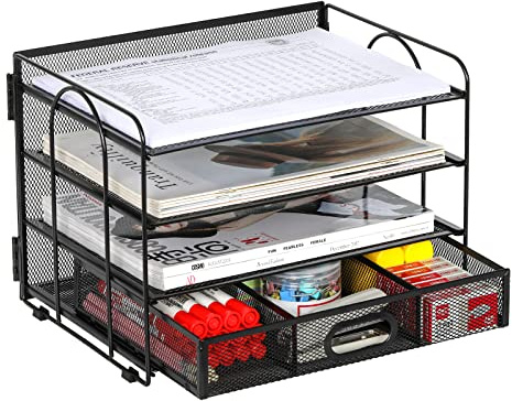 EasyPAG 4 Niveles Metal Malla A4 Bandeja Oficina Organizador Documentos Almacenamiento Papeles Soporte Archivador Clasificador Escritorio Estante Carta con Cajón,Negro