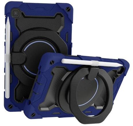 JZ Handheld Rotating Ring Bracket Armour Silicone Ständer Fall für Samsung Galaxy Tab A7 Lite 8.7 inch (2021) SM-T220 / T225 Tablet - [Schultergurt][Winkeleinstellung] - Blue