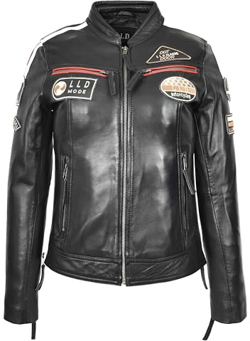 Ladies Cafe Racer Biker Jacket Retro Motorcycle Badges Leather Coat Rosa (UK, Numeric, 16, Regular, Regular, Black)