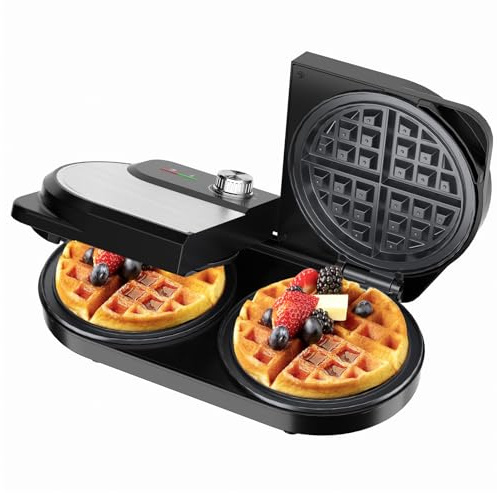 YASHE Double Waffle Maker 6 Inch, 1400W Belgian Waffle Maker for Breakfast and Snacks, Stainless Steel Waffle Iron with Nonstick Plates, Temperature Knob, Cool-Touch Handles