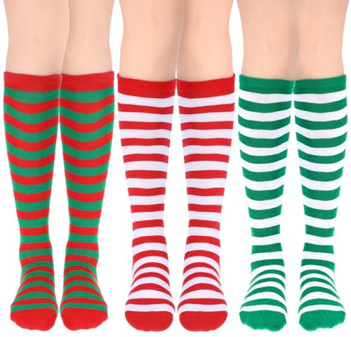 GEEHUA Lot de 3 paires de chaussettes de Noël rayées pour femme - Chaussettes hautes - Vertes, rouges et blanches - Chaussettes de Noël en coton à rayures vertes et blanches