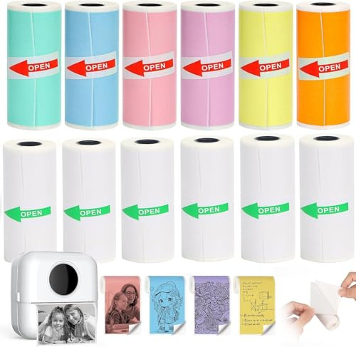 12 Rotoli Carta per Stampante Termica, Carta per Mini Stampante Adesivi, Stampa Istantanea Carta Termica, Etichette Adesive Stampabili Autoadesive, per tutte le mini fotocamere(57 x 25 mm)