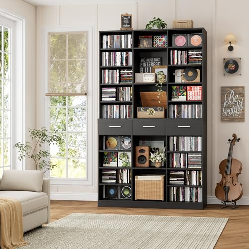 HOSTACK 75 Tall Book Shelf and Bookcase, 47 Wide Bookshelf with Drawers, Modern 9 Tier Bookcase with Storage, Large Wood Display Cabinet with Adjustable Shelves for Living Room, Home Office, Black