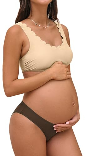 CUPSHE Bikini premaman da donna, costume da bagno per gravidanza, vita bassa, smerlato, scollo rotondo, cinghie regolabili, gancio posteriore, beige/marrone, S