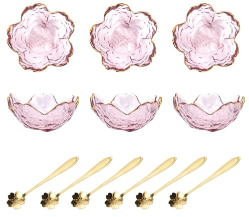 XINGYATU Set da 12 pezzi: 6 ciotole da dessert in vetro rosa con fiori di ciliegio, mini ciotole in cristallo, porta bustine di tè, ciotole per salse di soia, snack e gelato, 120 ml, 8,5 cm x 3,5 cm