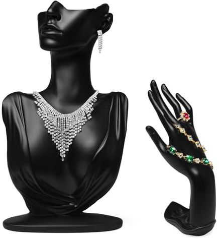 SONICTOP 2Pcs Jewelry Mannequin Set, Necklace Bust Mannequin Earring Stand Bracelet Ring Display Hand Jewelry Holder for Selling Show(Black)