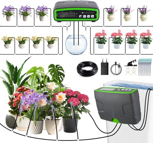 Kit Irrigazione Automatica per Interni, GuKKK Kit di Indipendenza Intelligente di Irrigazione da Giardino con 2 Pompe di Controllo Indipendenti e Tubo Flessibile da 15 m, 20 Piante in vaso