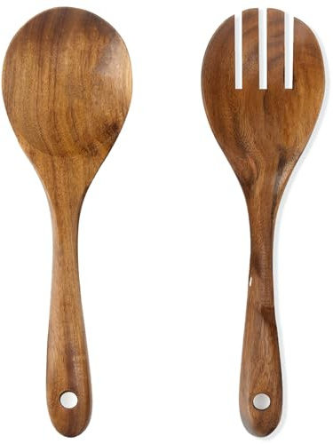 Teak Wood Salad Serving Spoon and Fork 13-Inch, Large Wooden Salad Servers Set of 2, Teak Wood Salad Spoon and Fork, Wooden Cooking Utensils for Cooking, Stirring & Serving