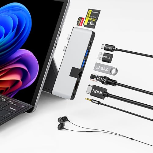 Surface Pro 12 2025 Hub USB C, Surface Pro 12 Adaptador HDMI con HDMI 4K, Thunerbolt 4 (vídeo 8K, Datos y PD de 100 W), 2 USB 3.0, Audio de 3,5 mm, 1 Ethernet de 100 M, SD/TF