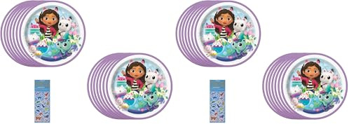 Unique Gabbys Dollhouse Birthday Party Supplies Bundle Pack includes Lunch Paper Plates and 1 Dinosaur Sticker Sheet - 16 Plates (Pack of 2)