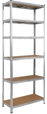 Étagère de Rangement Métallique Dedra – Hauteur 224 cm – 6 Niveaux MDF – Charge 1050 kg (175 kg/étagère) – Structure Modulable et Galvanisée – Idéal Garage, Atelier et Cellier – Argent