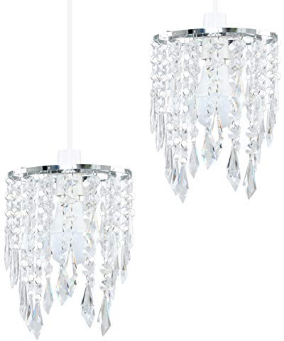 MiniSun | Chandeliers with Clear Jewel Effect Droplets | Pendant Lights, Home Décor & Improvement Essential | Set of 2 | 160mm Shade Width