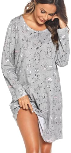 ENJOYNIGHT Camisa de noche para mujer, de manga larga, en algodón, suave camisa de noche, L