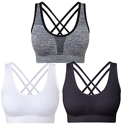 SEGRILA Women’s Sports Bras 3 Pack Crisscross Back Yoga Bras Medium Support Workout Bras with Removable Pads（Black&White&Grey, 2XL）