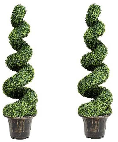 COSTWAY Set of 1/2 Artificial Topiary Trees, 90cm/115cm/120cm Greenery Faux Boxwood Tower/Spiral Plant with Realistic Leaves and Pot, Fake Potted Decorative Tree(120cm Spiral-2PCS,Green)
