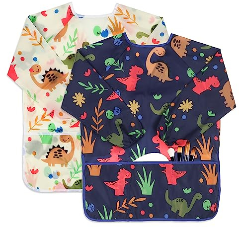 BAHABY Kids Art Smocks 2 Pack Dinosaur Painting Aprons for Children Waterproof Artist Smock with Long Sleeve and 3 Pockets for Age 3-8 Years