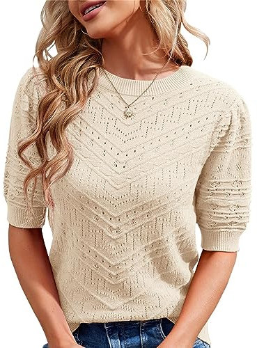 Runcati Damen Kurzarm Strickpullover Casual Rundhals Puffärmel Elegante Einfarbige Sweateshirt Pullover,Beige,M