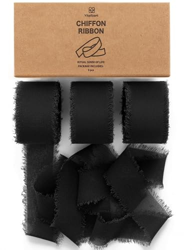Vitalizart Black Chiffon Ribbon 1 x 21 Yd for Crafting & Decoration | Silky Fringe Fabric Ribbons (3 Rolls x 7 Yd), for Wedding Invitation, Bridal Bouquet, Gift Wrapping, Bows Making