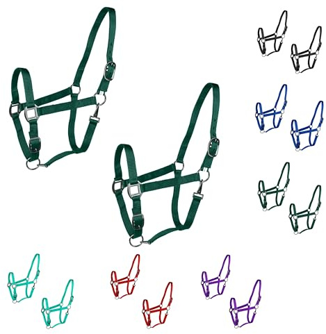 Majestic Ally Confezione da 2 cavezza regolabile per cavalli, mento e corona regolabili, gancio a scatto cucito nella gola, resistente finitura in oro rosa o nichel nero, completo (verde cacciatore