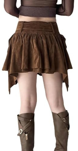AYAZER Falda de Varias Capas Adelgazante de Cintura Baja de Color sólido de Moda Retro Falda Plisada con diseño de cinturón Grande Sexy para Chica Caliente-marrón-S