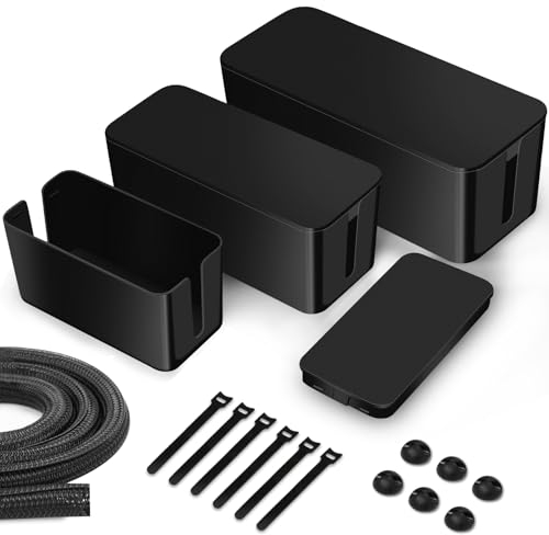 Lannvan Kabelbox,3er Set Kabelbox Schwarz (Groß&Medium&Klein) aus ABS-Kunststoff,Kabelmanagement Box Kabel Box Organizer-Kabel Box Set inkl.Kabelhalter,Kabelbinder & Kabelschlauch zum Kabel Verstecken