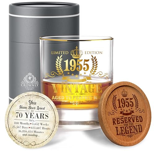 CROWNLY CRYSTAL® 1955 Verre à Whisky Personnalisé Homme 70 Ans - Cadeau Original pour Papa/Papy - Décoration Anniversaire