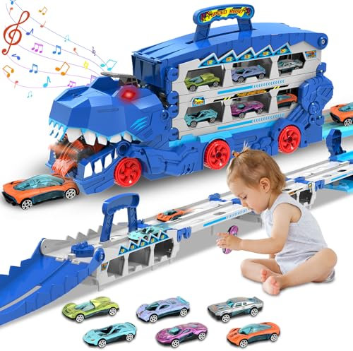 deAO Foldable Dinosaur Garage Truck with 6 Racer Cars, Swallow & Launch Track System, Sound & Light Effects, Transformable Car, Carrier Truck Toys, Birthday Gift for Kids 3+