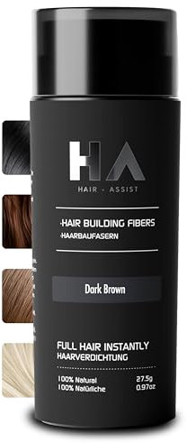 Hair-Assist Streuhaar für sekundenschnelle Haarverdichtung [27,5g] Schütthaar - Haarverdichter kaschiert effektiv Haarausfall - von Friseuren entwickelt & empfohlen (Dunkelbraun, 27,5 Gramm)