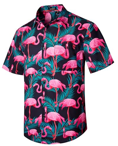 Rithern Camicia Hawaiana Uomo Manica Corta Estiva Fenicotteri Camicia Uomo Spiaggia Casual Bottoni con Tasca Frontale Nero & Rosa XL