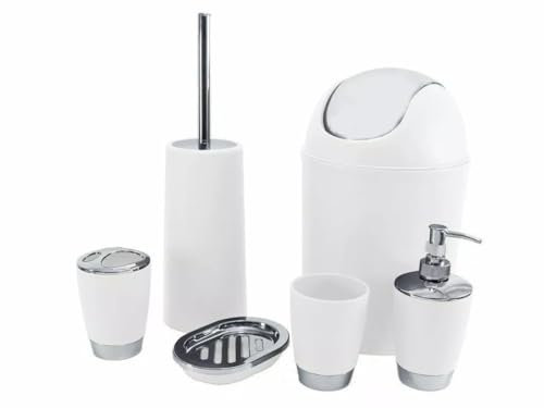 Kabalo White 6 Piece Bathroom Shower Accessory Set Bath Accessories - Bin, Soap Dispenser & Dish, Toilet Brush, Toothbrush Holder, Tumbler Cup